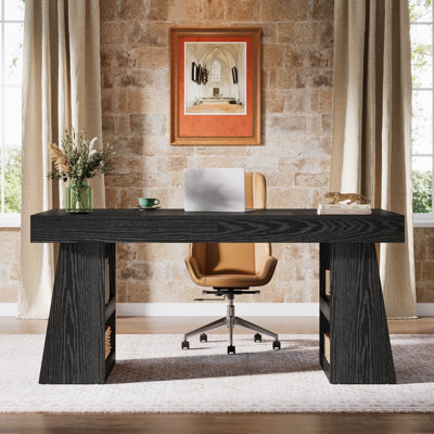 55" Executive Computer Desk With Storage Shelves & Drawer, Large Wooden Home Office Desk With Double Trapezoid Base