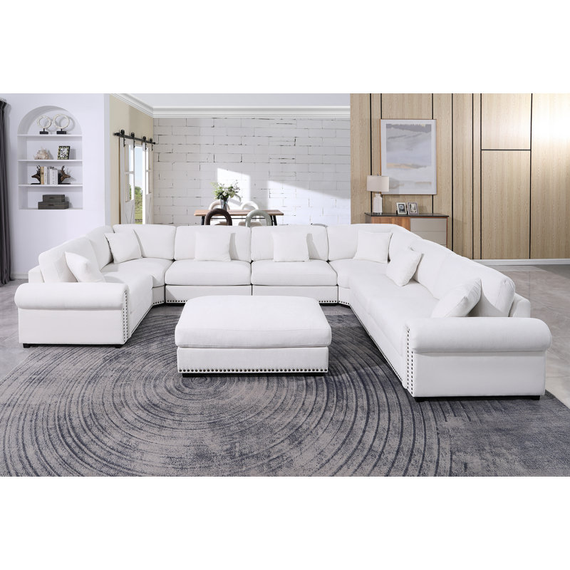 Modular Large 8 Seats Roller Arms Nailheads Cloud Couch Chenille Corner Sectional Sofa, White Chenille