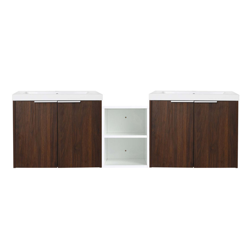 Meuble-lavabo à fermeture en douceur avec lavabo, petites tablettes de rangement et armoire combinée, Brun