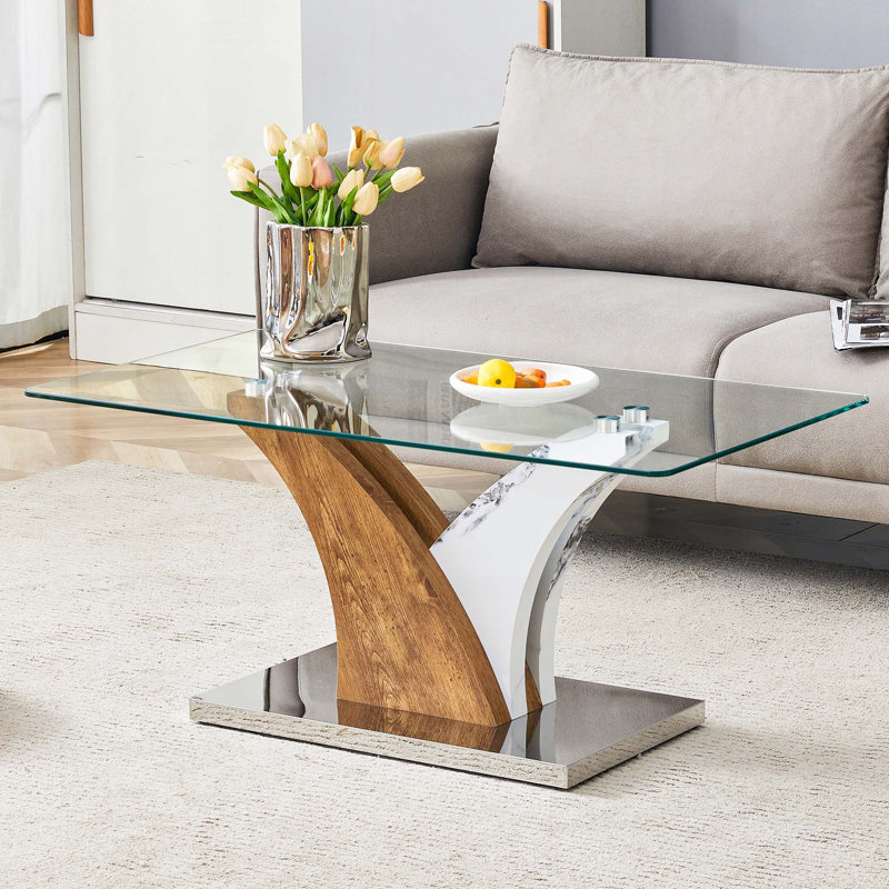 Table basse en verre avec pieds en bois