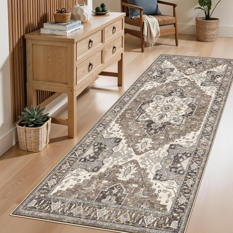 Rug Hallway - Washable Kitchen Vintage Stain Resistant Rugs Indoor Ultra-Thin Soft Floor Mat Non-Slip Rubber Backing Carpet for Bathroom Living Room Bedroom (Beige)