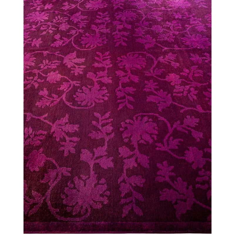Hand-knotted Purple Floral Wool Area Rug with Fringe