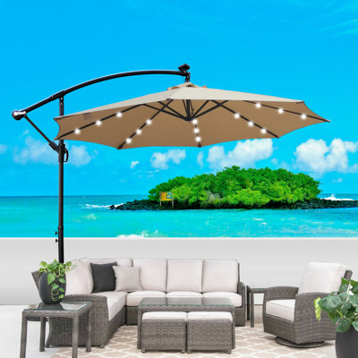 Parasol lumineux à énergie solaire 10 pi avec manivelle et traverse pour éclairage de nuit et de plein air