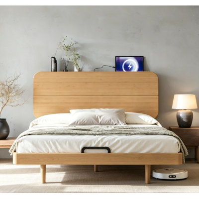 Lit plateforme double avec tête de lit et ports de chargement USB, lit flottant en bambou massif avec sommier à lattes en bois, sans sommier tapissier, idéal pour la chambre à coucher, la chambre d'amis et les résidences étudiantes, couleur naturelle