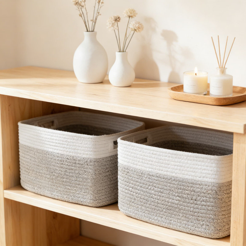 Paquet de 4 paniers de rangement tissés avec poignées, bacs de rangement pliables en tissu pour étagères, placard et rangement, matériau en coton naturel