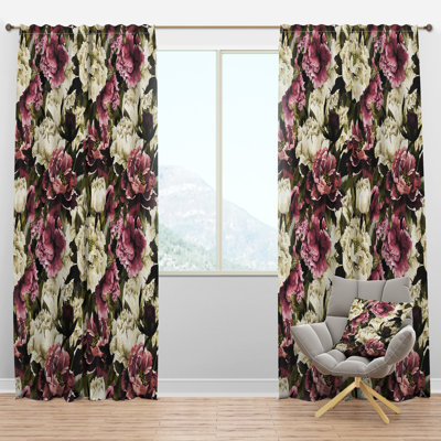 Pink and White Blossoming Peonies - Floral Curtain - Velvet Room darkening - 1 panel