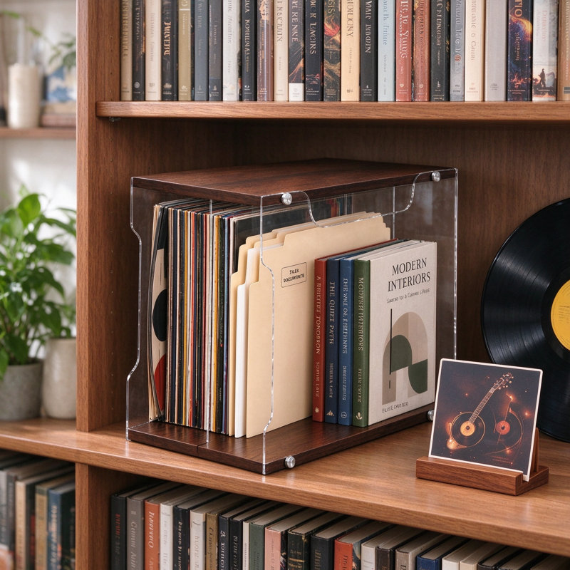 Vinyl Record Storage Box with Clear Acrylic Sides, LP Record Holder with Removable Divider, Multi-Purpose Album Organizer for Books and Magazines