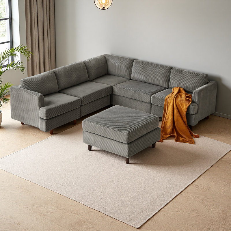Canapé modulaire moderne, canapé convertible 6 places, Velours côtelé gris