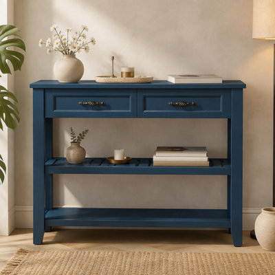 Console avec 2 tiroirs de rangement et 2 tablettes de style Mid-Century Buffet en bois massif de 42 po pour le salon, la cuisine, la salle à manger, le vestibule, le couloir, le bleu marine
