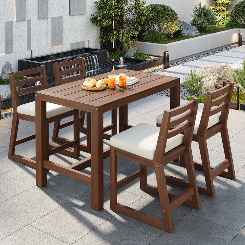 Solara 52"W 5-Piece Acacia Solid Wood Outdoor Dining Set with Cushions, Mocha