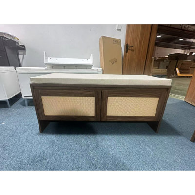 Banc de rangement en PP avec coussin, armoire à chaussures en faux rotin avec 2 portes, siège d'entrée en bois de style Mid-Century moderne, pour chambre à coucher, couloir, vestibule, finition naturelle