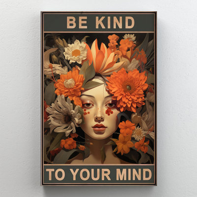 «Be Kind To Your Mind», art mural en toile à couronne de fleurs orange - Décoration de salon, de chambre à coucher ou de bureau