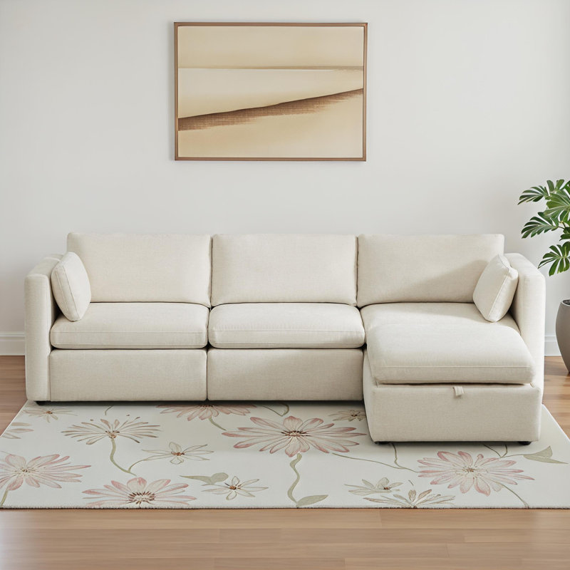 Winfree 112.6" W 4-Piece Modular Sectional with Storage Ottoman , Ivory