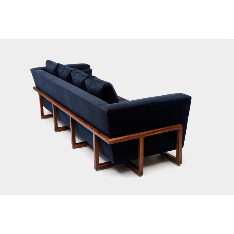 LRG Velvet Sofa, Deep Blue Aged Velvet, No Trays, Walnut