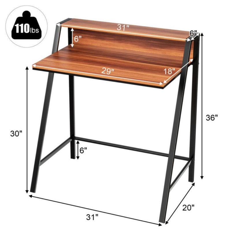 Petit bureau d'ordinateur à 2 niveaux avec structure en fer