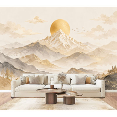 Papier peint mural adhésif décoratif « Montagne au soleil doré », paysage abstrait, tons neutres, décoration murale moderne pour chambre et salon, 175 cm x 244 cm