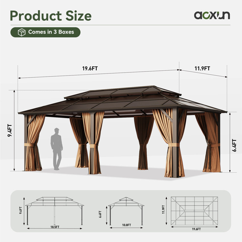 Double Roof Gazebo, 111.02" H x 235.43" W x 142.91" D, Brown