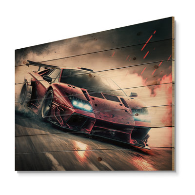 «Lambo» rouge italien, course de voitures de sport en milieu urbain II - reproduction d'art sur bois de pin naturel