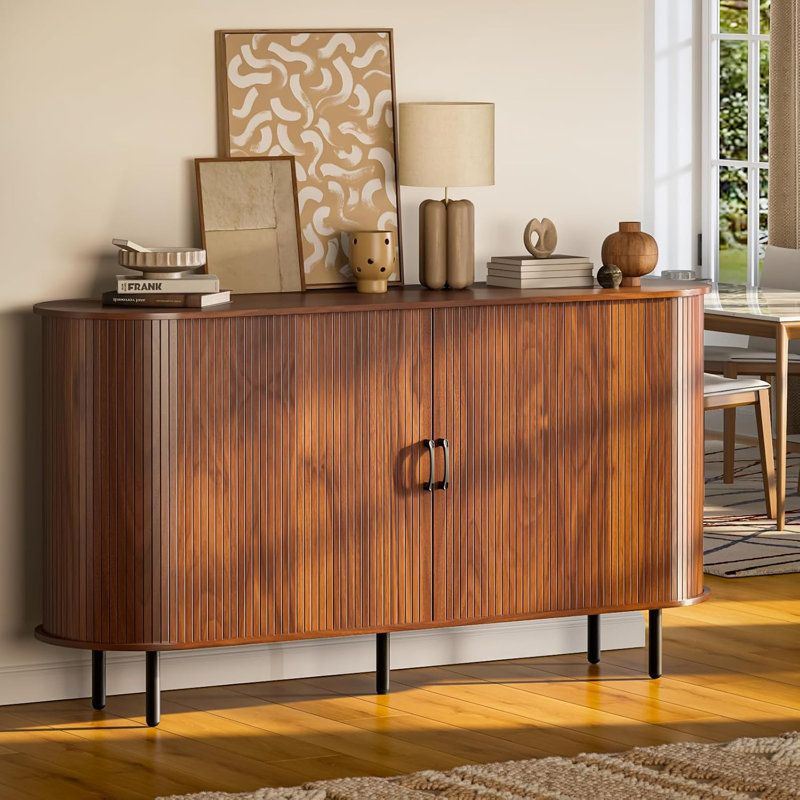 55" Wood Buffet Sideboard Cabinet With Storage, Mid-Century Modern Coffee Bar Cabinet With Sliding Doors & Shelves, Accent Credenza Console Table For Kitchen, Dining Room, Entryway(Brown)