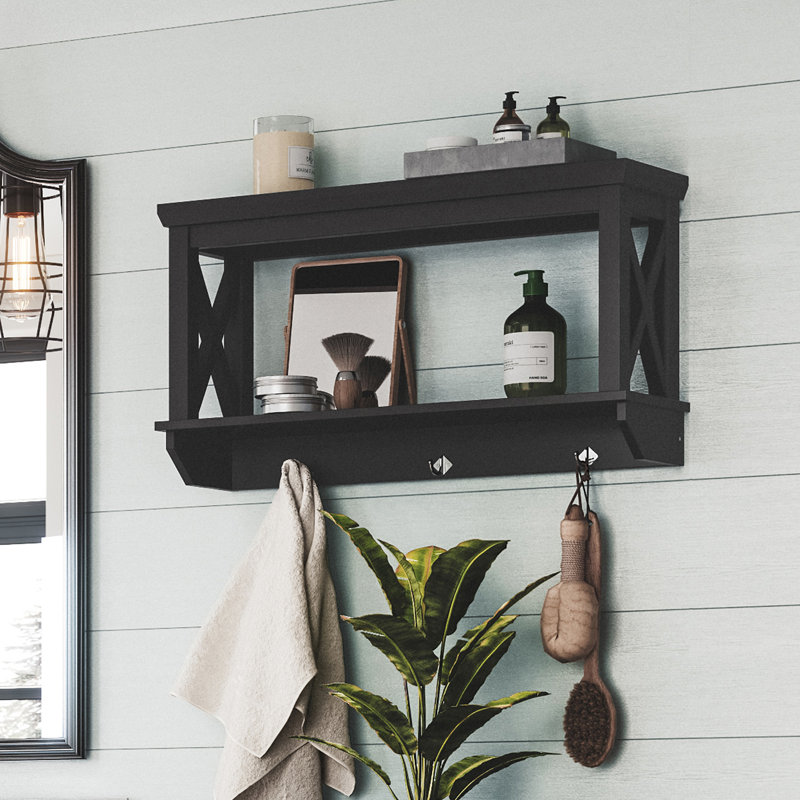 Black Wood Wall Shelf with Hooks and Open Shelves