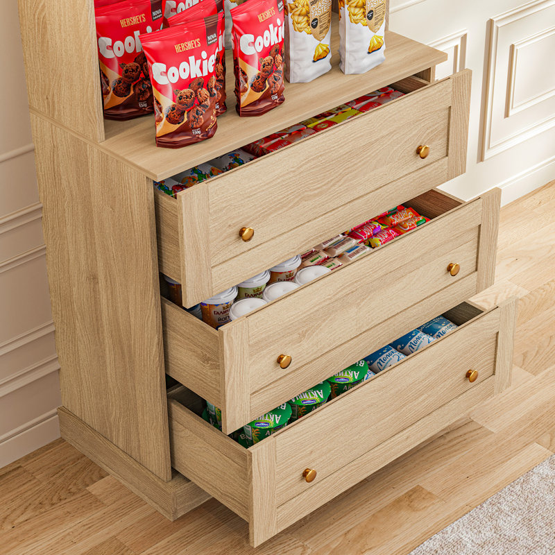 Kenric Three Layers of Drawers and Open Countertops&Bookcases, Brown, 70.8"H x 31.5"W x 15.7"D