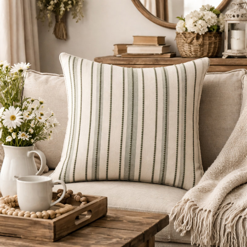 Housse de coussin décoratif à rayures verticales vert olive et crème 18 po x 18 po, paquet de 1, Simple, Vert olive