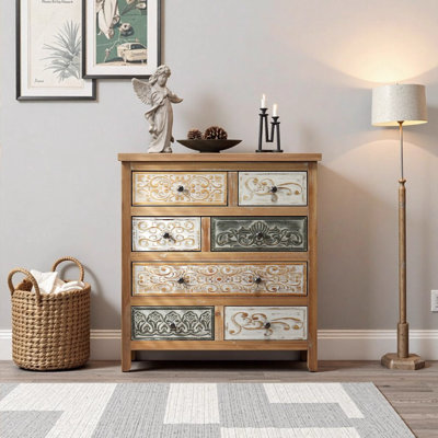 Commode d'appoint rétro en bois 6 tiroirs avec détails sculptés multicolores - commode de rangement pour chambre à coucher, salon et vestibule (L 25,59 po x l 12,6 po x H 31,89 po)