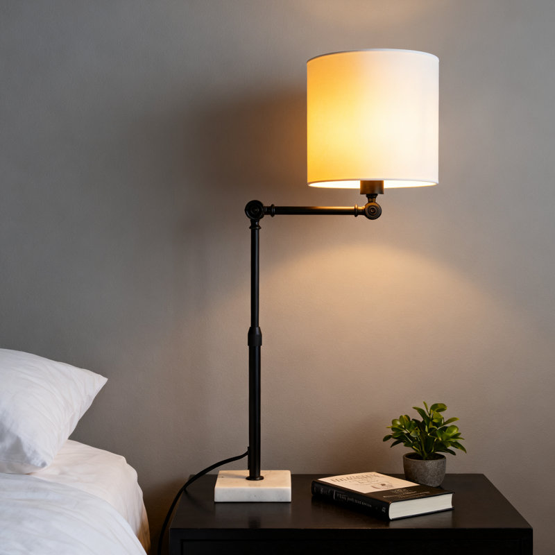 Modern Industrial Adjustable Task Lamp with Natural Marble Base & Linen Shade