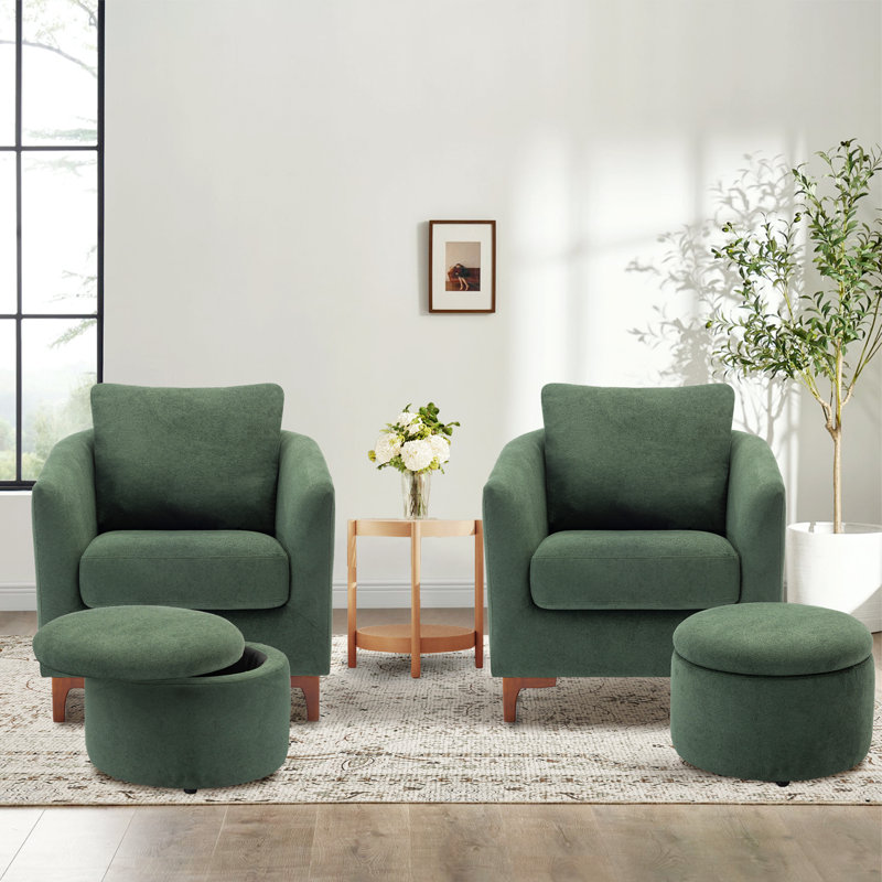 29.5" Wide Upholstered Barrel Accent Armchair With Storage Ottoman and Pillow, Green Microfiber