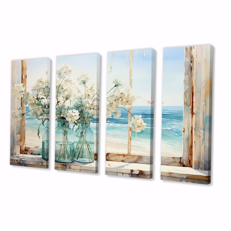 «Blue Window Beachfront View Blooms I - Coastal Window», art mural 4 pièces, H 28 po x l 48 po