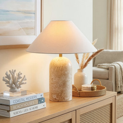 Sansa 13 In. Modern Led Table Lamp With Cotton Drum Shade, Natural Travertine Stone Base