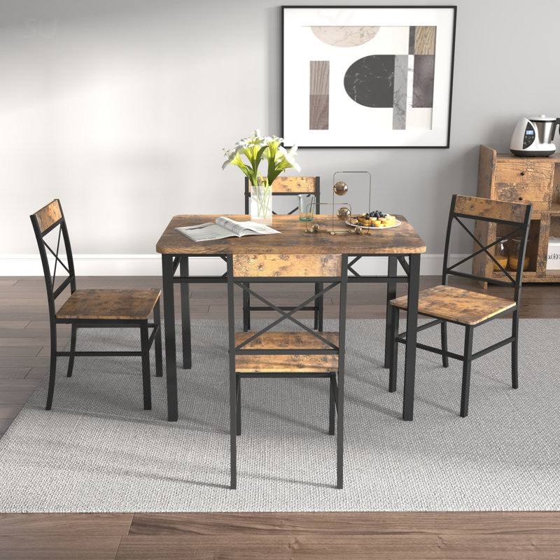 Compact Wood Dining Table Set For 4, Space-Saving Design For Small Kitchens And Dining Rooms With Industrial Style, Dining Table Set