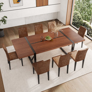 87" Wood Dining Table Set With PU Leather Upholstered Dining Chair