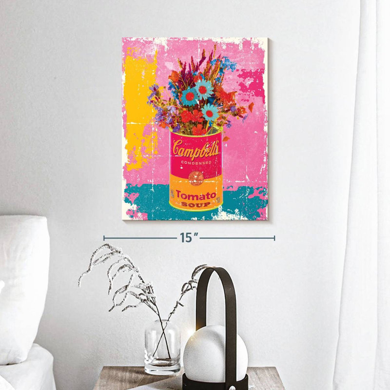 Fleurs sur pot de soupe sur toile, H 15 po x l 12 po x P 1,25 po