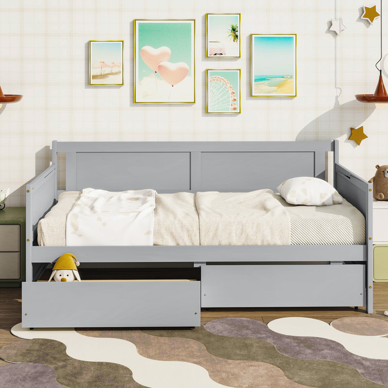 Twin Size Pine Wood Daybed with two Storage Drawers,Gray, Gray