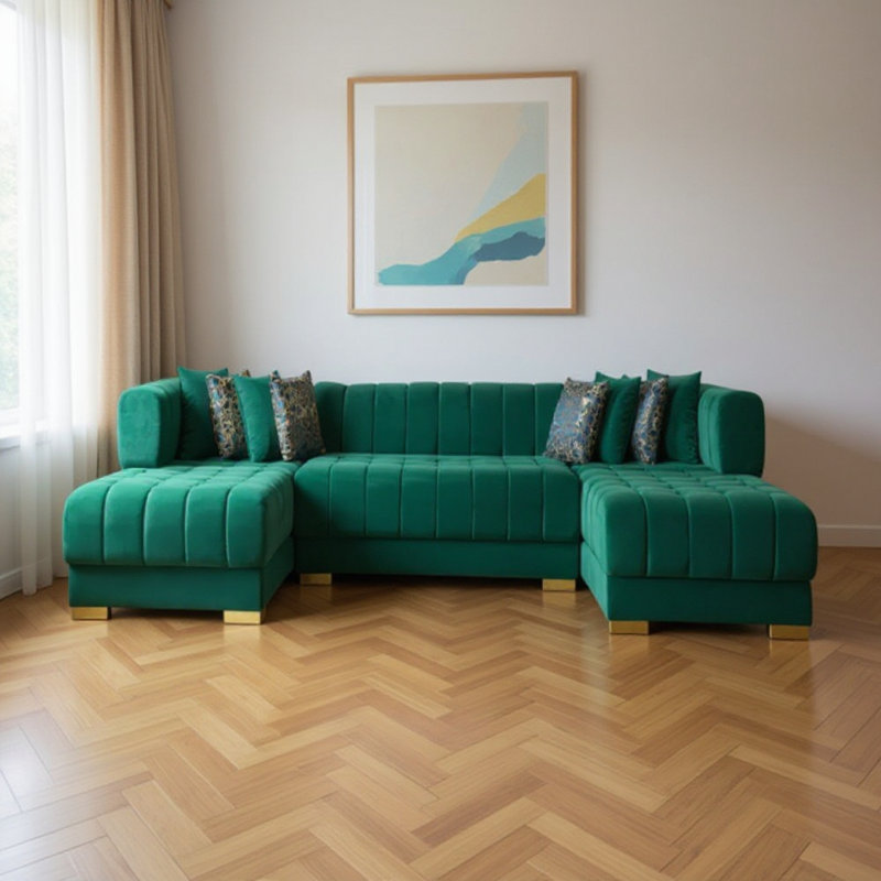 Canapé modulaire et méridienne en velours vert trois pièces avec coussins décoratifs en U