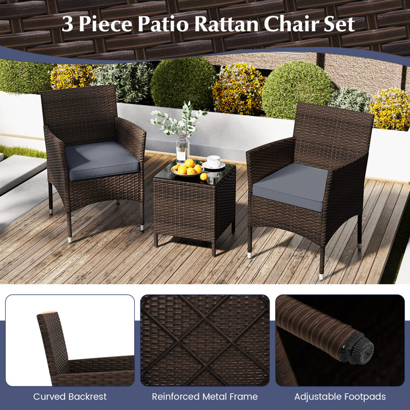 Wicker 2 - Person Garden Lounge Set with Cushions, Grey