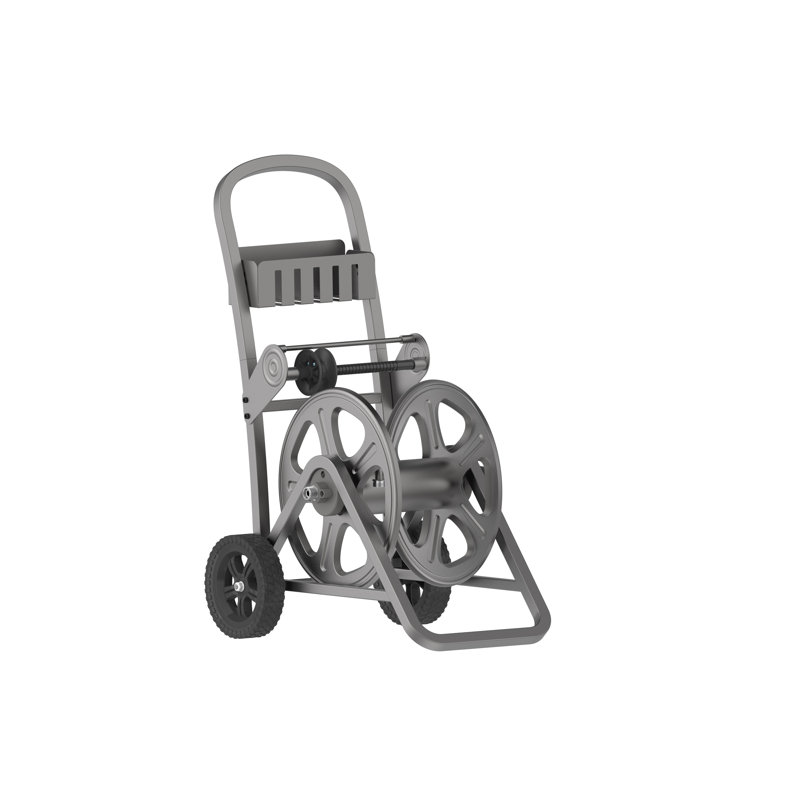 Gray Steel Mobile Garden Hose Cart with Basket