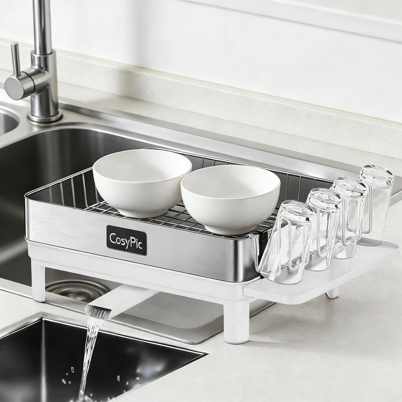 Premium 304 Stainless Steel Dish Drying Rack With Drainboard Set, Automatic Drainage Spout, Utensil & Cup Holder For Kitchen Countertop