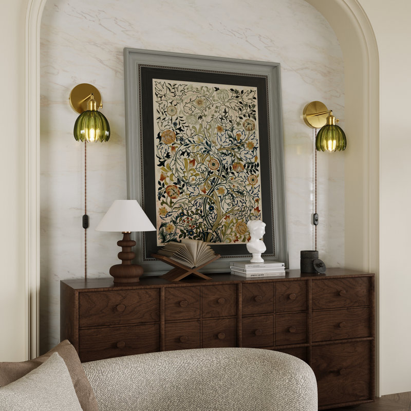 Ensemble de 2 appliques murales vintage tulipe à bras articulé avec abat-jour en verre vert, à brancher ou à câblér.