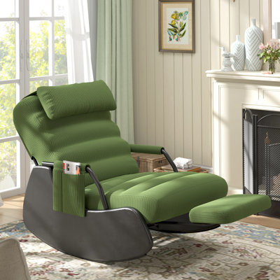 Polar Aurora Nursery Rocking Chairs with Soft Seat and Headrest,Corduroy Fabric Accent Chair with Side Pocket,Glider Rocking Chair for Bedroom/Living Room/Nursery(Green/Black)