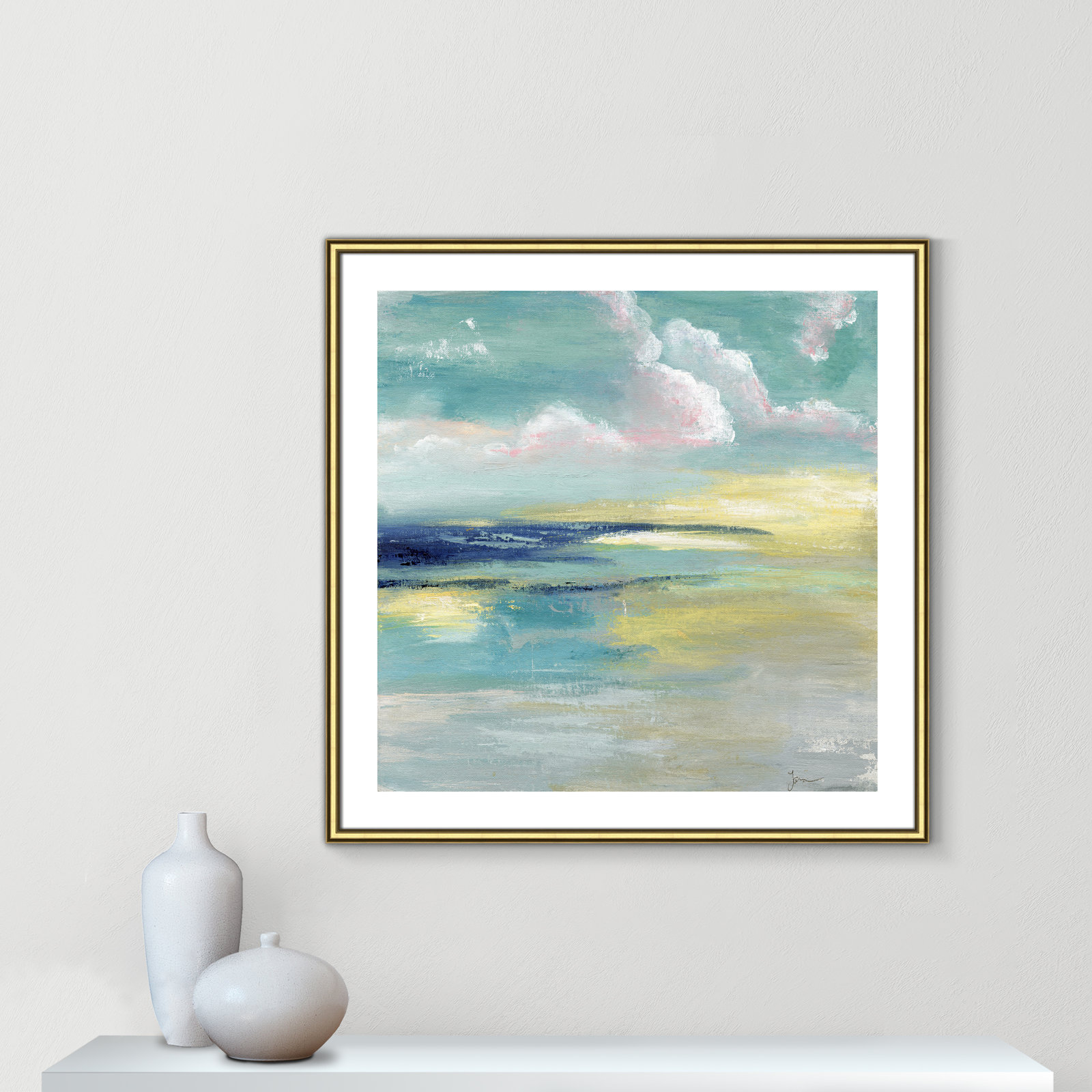 Bertie "Ocean View" Painting by Tava Studios, 33.25" H x 33.25" W x 0.88" D, Gold Framed Paper