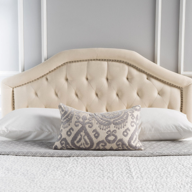 Queen Headboard With Contemporary Flair - Button Stitching And Diamond Pattern Nailhead Accented Beige Upholstered Assembly Required Modern Design Tufting Stitch Accents