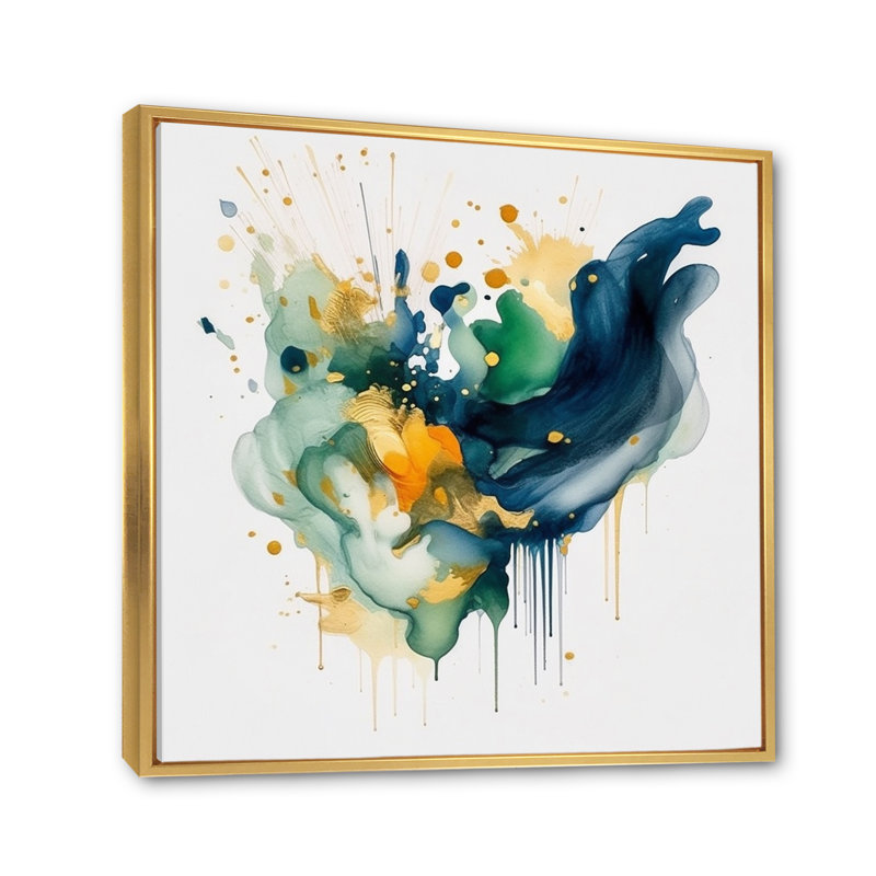 Bleu foncé, turquoise et or IV, H 36 po x l 36 po x P 1,5 po, Cadre flottant doré