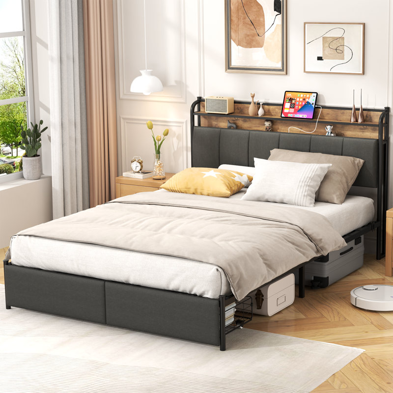 Bed Frame, Storage Headboard With Charging Station, Solid And Stable, Noise Free, No Box Spring Needed, Easy Assembly