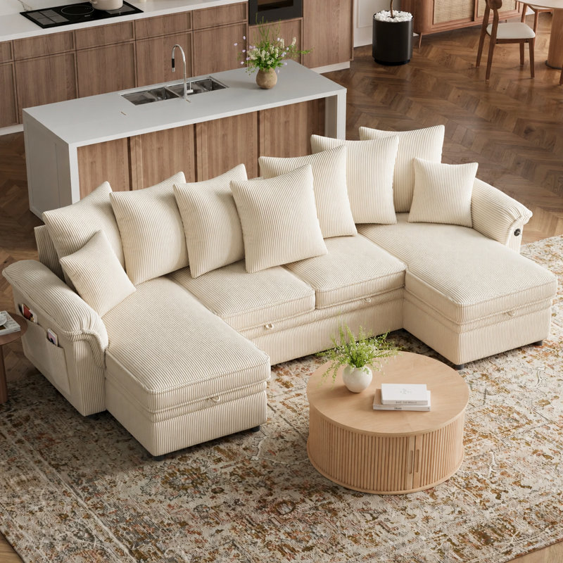 Ensemble de salon avec canapé-lit modulaire en U et table basse Bettina, Beige
