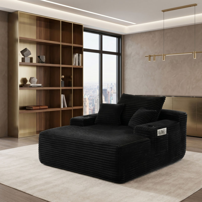 Chaise longue à rayures en velours côtelé avec porte-gobelet et coussins décoratifs, Black with Cup Hole