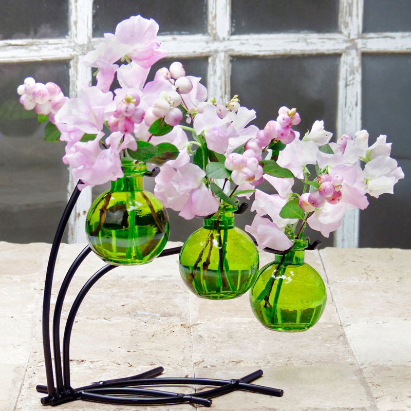 Creative 3 Piece Table Glass Bud Vase Set - Metal Holder, Lime Green