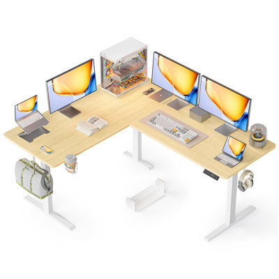 63" Reversible L Shaped Standing Desk, Height Adjustable with Cup Holder, Electric Corner Computer Workstation, Sit Stand up Home Office, Ergonomic Gaming, Oak