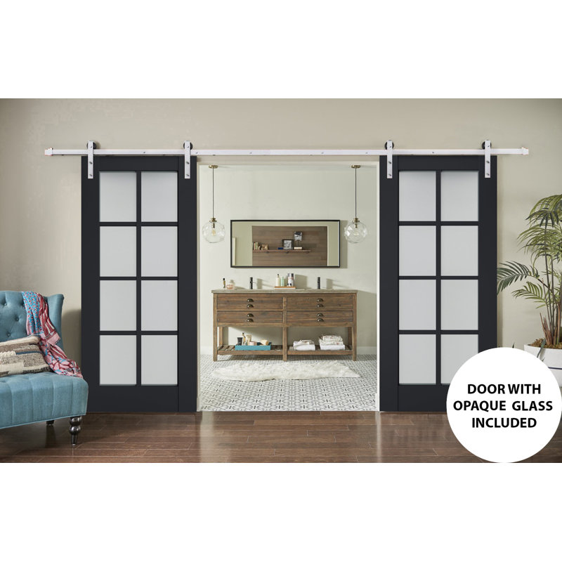 Porte de grange double robuste avec vitrage dépoli Veregio 7412 Anthracite, supports de rail de 13 pi, portes intérieures à panneaux pleins et lourds - 56 po x 80 po (2 x 28 po x 80 po) - Rail argenté